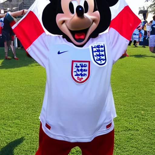 Prompt: a mickey wearing england soccer team shirt.