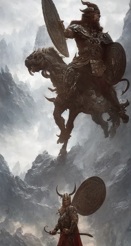 Prompt: the hero viking stands triumphantly as he enters the majestic gates of valhalla, highly detailed, digital painting, artstation, smooth, sharp focus, masterpiece, stunning concept art by ruan jia and jakub rebelka and artgerm and greg rutkowski and mucha