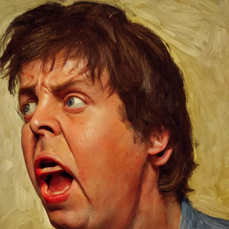 Prompt: warmly lit close up studio portrait of young furiously angry!! Paul McCartney in 1965 angrily singing, impasto oil painting thick brushstrokes by Lucian Freud and Cy Twombly and Tim Hawkinson , trending on artstation dramatic lighting Expressionism