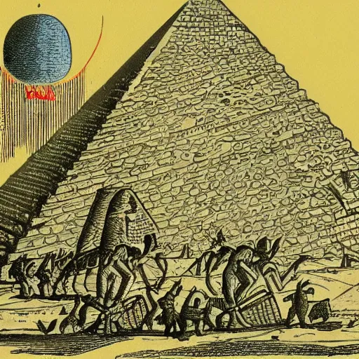 Image similar to an old journal page with a rich illustration of aliens building the Great Pyramid of Giza