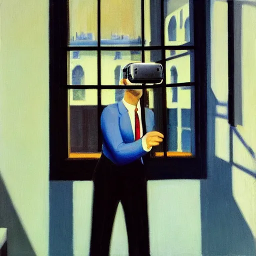 Image similar to A fine art painting of a man wearing Vr goggles and creating the metaverse at a desk through a window on a British street. In the style of Edward Hopper and Wes Anderson