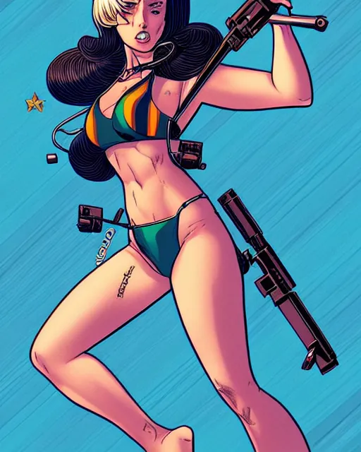 Image similar to comic cover art of a bikini girl riding a missile, inspired by gunsmith cats and tank girl, illustration by jenny frison and sana takeda, intricate details, stunning inking lines, stunning gradient colors, 4 k, hd, artstation