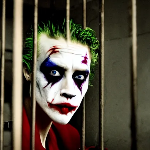 Image similar to amber heard as the joker, crying alone inside a prison cell behind bars, ultra realistic, canon 3 5 mm portrait photography, 8 k, movie still