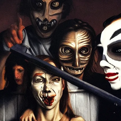 Image similar to the night of the purge,, highly detailed, 8 k resolution, art by caravaggio, modern art, optical illusion