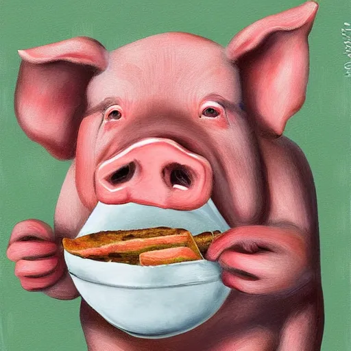 Image similar to a pig eating a rasher of bacon. detailed, realistic, digital painting,