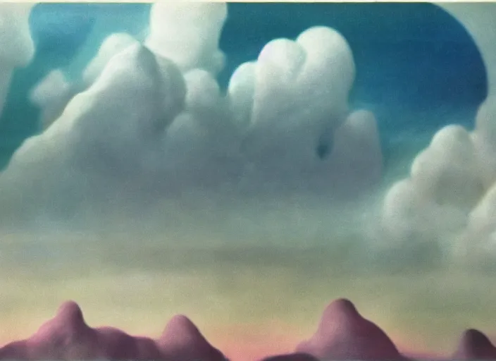 Image similar to floating islands, idyllic, menacing, nebulous clouds, thundrous hellish floating crumbling islands particulate and shivering cold of the apocalypse, hyperfluorescent saturated pastel pleasing - palette matte painting matte painting from fantasia ( 1 9 4 1 )