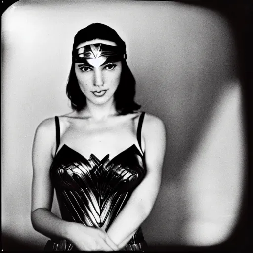 Image similar to photo of Gal Gadot by Diane Arbus, black and white, high contrast, Rolleiflex, 55mm f/4 lens