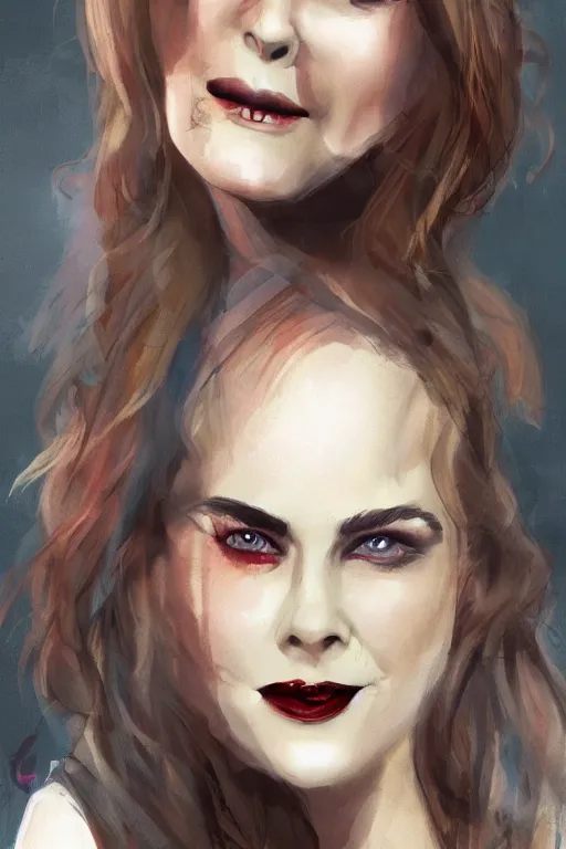 Image similar to mix of beautiful young maria shriver, mariel hemmingway, brooke shields, nicole kidman and elle macpherson as a vampire showing vampire teeth, ready to bite, thin lips, hair tied up in a pony tail, dark blonde hair, colorful, artstation, cgsociety