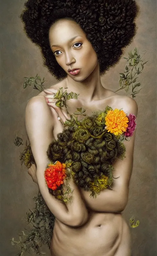 Prompt: surrealism, beautiful black woman with curly hair, holding flowers, hyper realism, muted colours, rococo