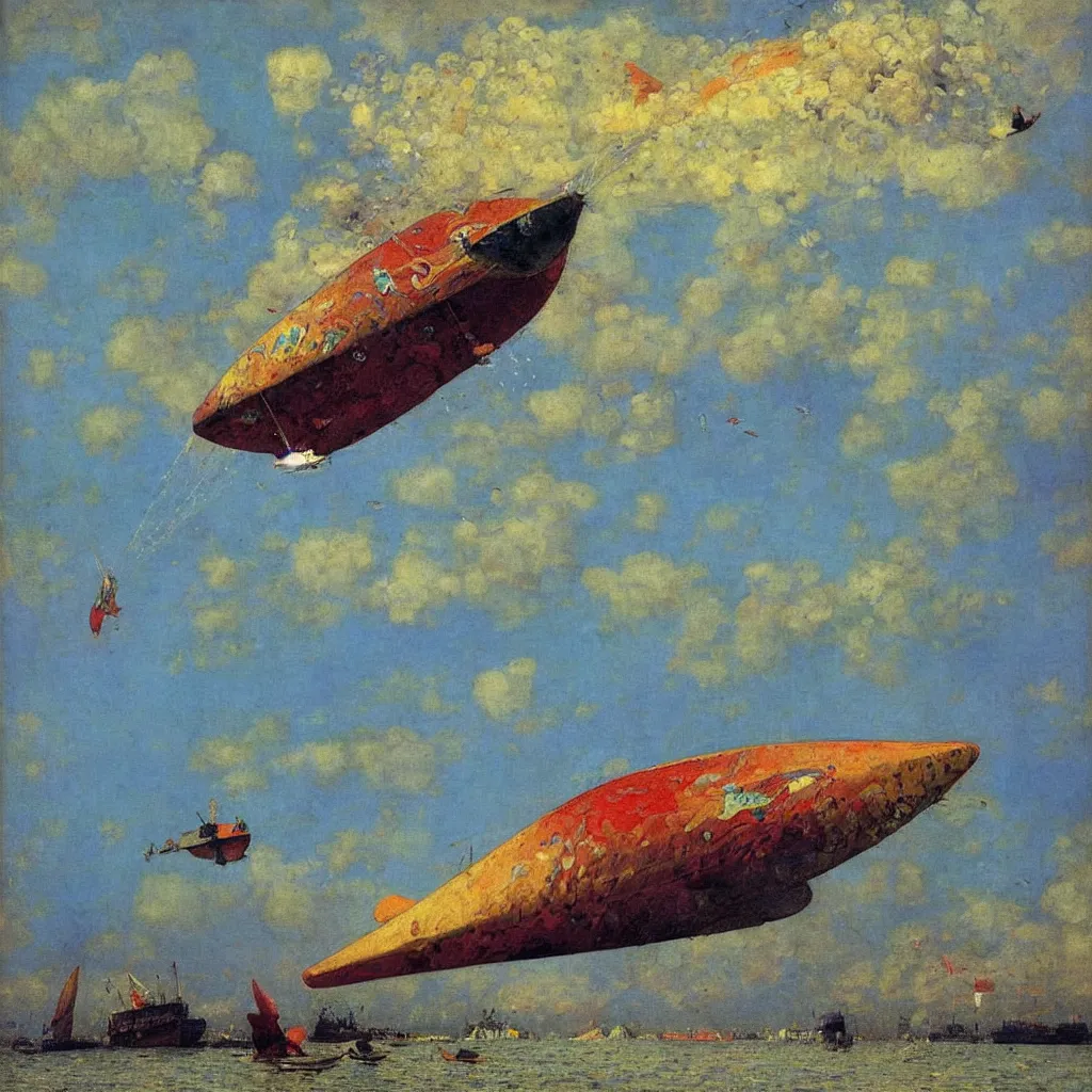 Prompt: a huge colorful flying zepplin shaped like a fish, from below, 1905, colorful highly detailed oil on canvas, by Ilya Repin