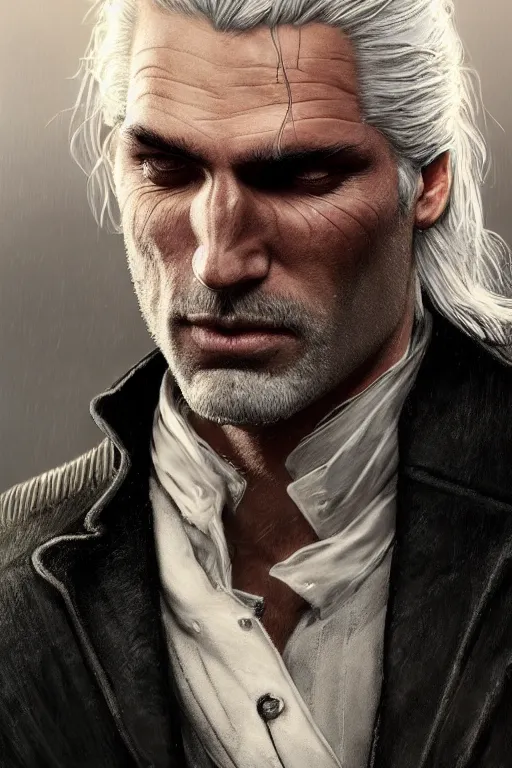 Image similar to photorealistic portrait photograph of geralt of rivia wearing a tuxedo, depth of field, soft focus, highly detailed, intricate, realistic, national geographic cover, soft glow, textured, artstation, concept art, sharp focus, illustration, art by artgerm and greg rutkowski and alphonse mucha