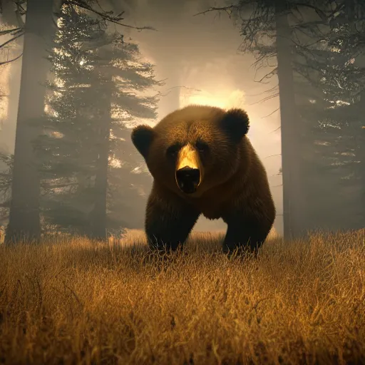 Image similar to gold bear, unreal engine 5, realistic, dark, moody, godrays, 8k