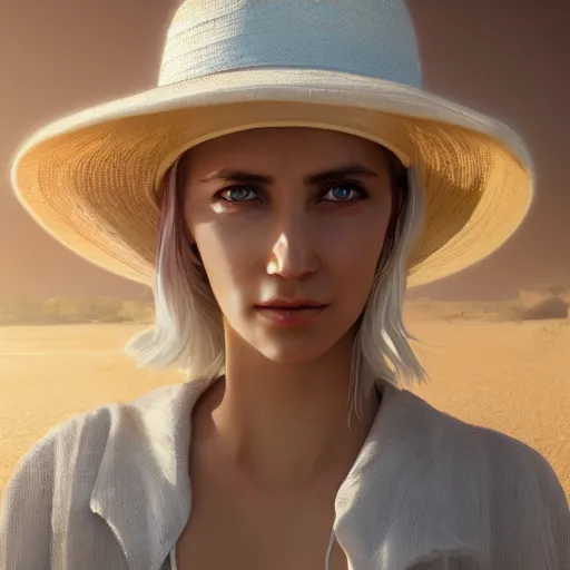 Prompt: a blind girl with white hair wearing a straw hat in the desert, digital art, 8 k resolution, unreal engine, highly detailed, pretty face, very beautiful face, feminine face, very detailed eyes, photorealistic by wlop, greg rutkowski