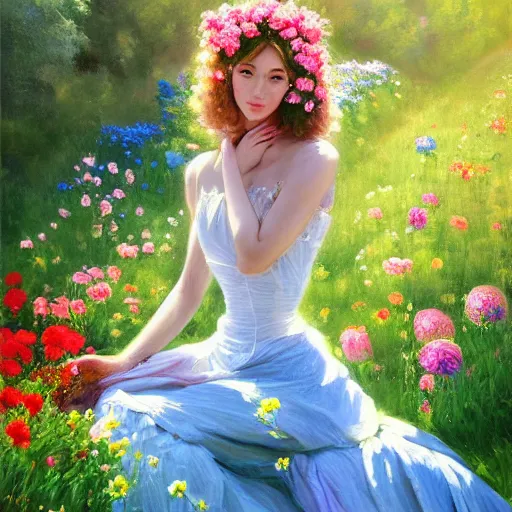 Image similar to a portrait of a romantic woman with flowers grow out of hair, roses peonies forget-me-nots dahlias lupins gladioli, sky theme in background, by Alexandr Averin, Digital Art, Trending on artstation