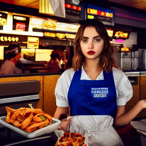 Image similar to ana de armas portrait working in a fast food restaurant, in a cinematic cyberpunk style, 3 5 mm