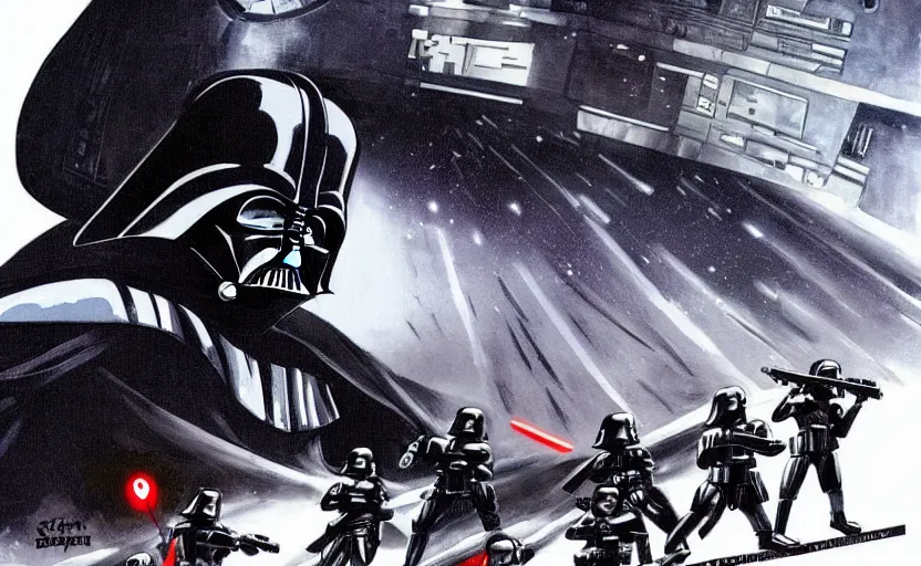 Image similar to darth vader on the death star surrounded by storm troopers and tie fighters, in the style of studio ghibli