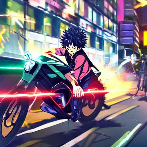 Prompt: Izuku Midoriya is riding a electric neon bike, Yoji Shinkawa