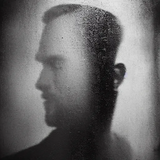 Prompt: A double exposure of a 4x5 styled photograph/portrait of a man coupled with an abstract oil-on-canvas painting, bokeh, shallow depth of field, black & white, dreamy, fog-n4