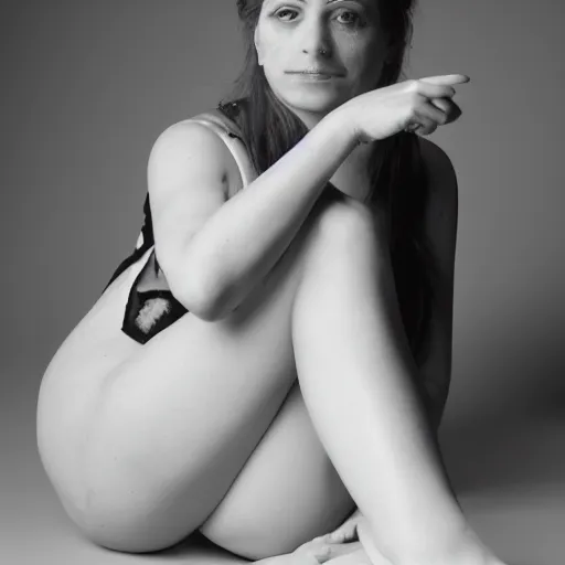 Prompt: a woman sitting on the ground with her legs crossed, a portrait by thomas millie dow, instagram, arabesque, white background, black background, studio portrait