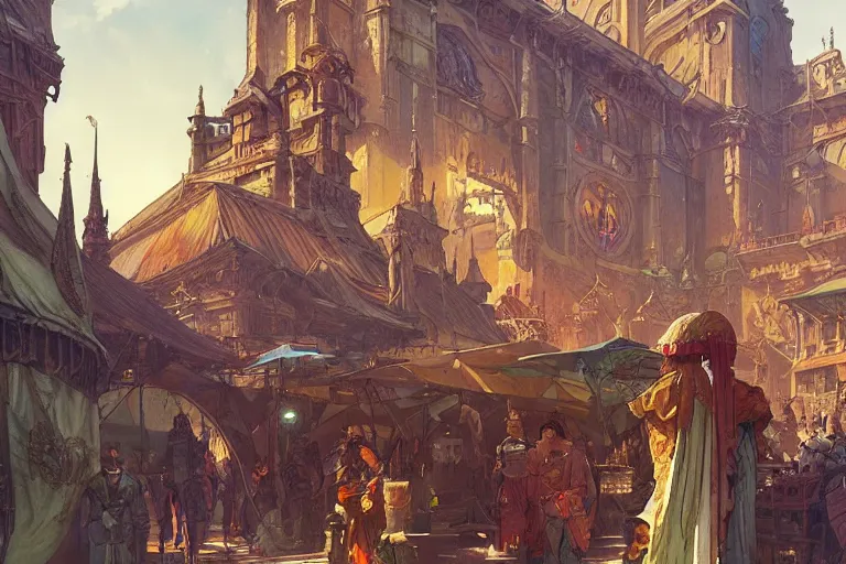 Image similar to a colorful medieval marketplace, Industrial Scifi, detailed illustration, character design, intricate, by artgerm and greg rutkowski and alphonse mucha