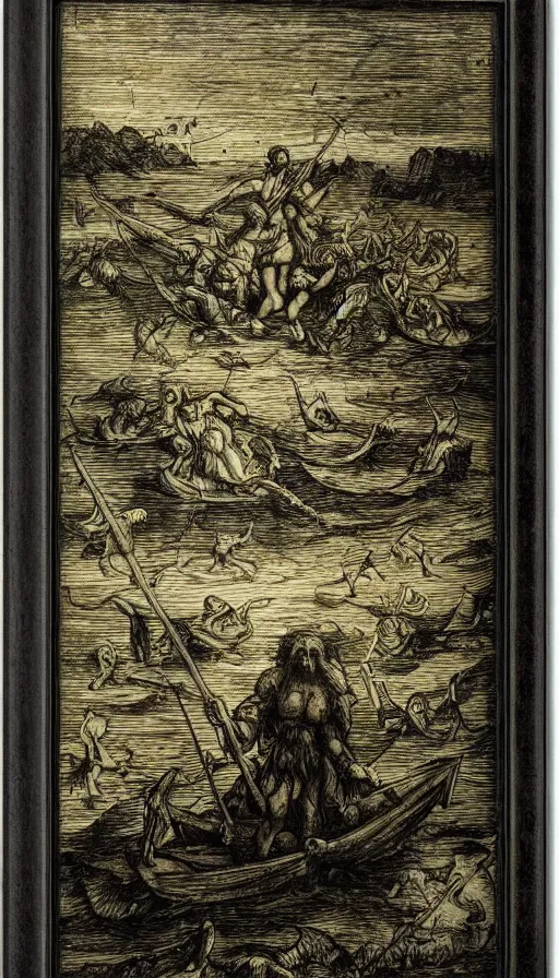 Prompt: man on boat crossing a body of water in hell with creatures in the water, sea of souls, by leonardo da vinci