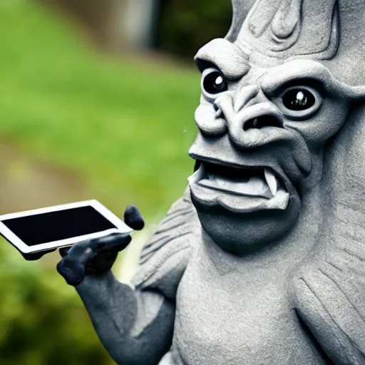 Image similar to a gargoyle using an ipad, happy expression