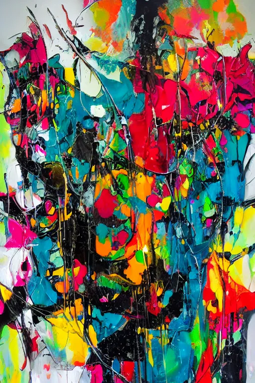 Image similar to abstract expressionist painting, paint drips, acrylic, wildstyle, clear shapes, maximalism, smeared flowers, large triangular shapes