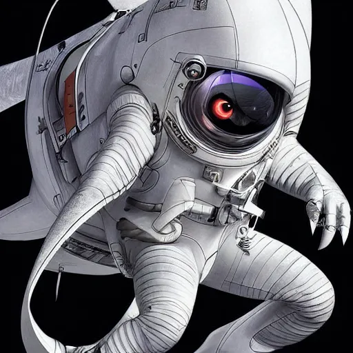 Image similar to a shark in a astronaut suit, 3d, sci-fi fantasy, intricate, elegant, highly detailed, lifelike, photorealistic, digital painting, artstation, illustration, concept art, sharp focus, art in the style of Shigenori Soejima
