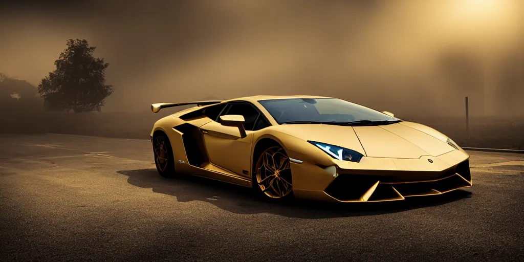 Image similar to parked lamborghini sian, fog, volumetric lighting, beautiful, golden hour, golden ratio, sharp focus, highly detailed, cgsociety