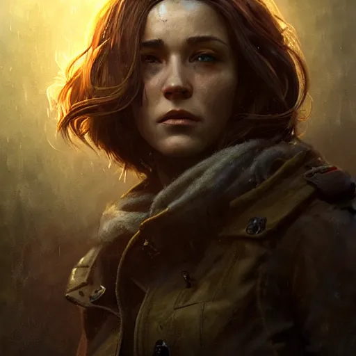 Image similar to fallout 5, charismatic brunette female protagonist, portrait, atmospheric lighting, painted, intricate, volumetric lighting, beautiful, daytime, sunny weather, slight overcast, sharp focus, deep colours, ultra detailed, by leesha hannigan, ross tran, thierry doizon, kai carpenter, ignacio fernandez rios