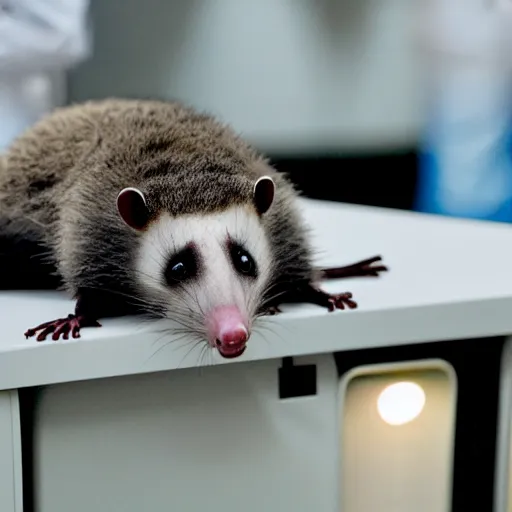 Prompt: anthropomorphic opossum laying dead on a coroner's table in a morgue, bright florescent lighting, scientific and medical equipment in the background, movie still, 4k