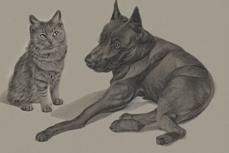 Image similar to in the style of neurographic drawing of a dog and cat