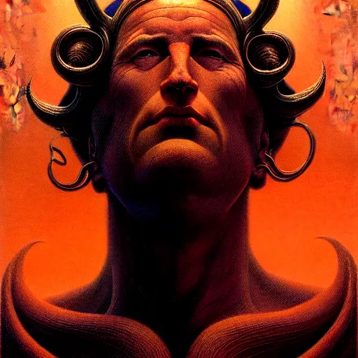 Prompt: cinematic portrait of a god, only head and chest, exotic god features, desaturated, Tim Hildebrandt, Wayne Barlowe, Bruce Pennington, donato giancola, larry elmore, maxfield parrish, Moebius, oil on canvas, masterpiece, trending on artstation, cinematic composition, dramatic pose, beautiful lighting, sharp, details, hyper-detailed, HD, 4K, 8K