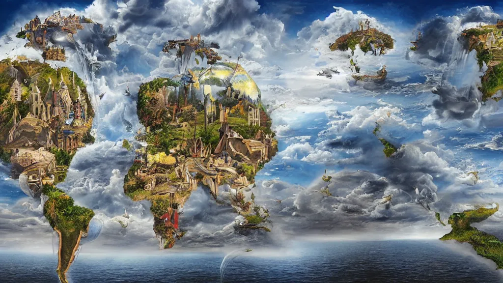 Prompt: surreal world map in the styles of igor morski, jim warren, and rob gonsalves, intricate, hyperrealistic, volumetric lighting, serene, imaginative