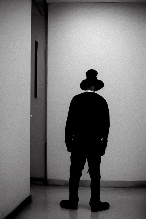 Prompt: kodak ultramax 4 0 0 photograph of a guy covered in black paint standing in a white hallway, back view, grain, faded effect, vintage aesthetic,