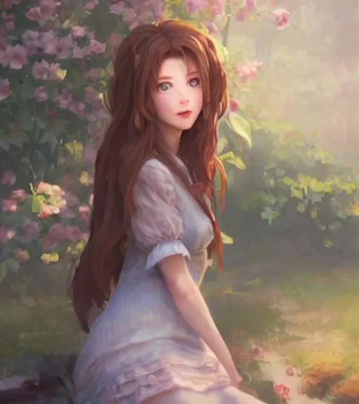 Image similar to aerith gainsborough in a cottagecore dress, portrait, illustration, rim light, top light, perfectly shaded, spring time, slight overcast lighting, soft painting, art by krenz cushart and wenjun lin