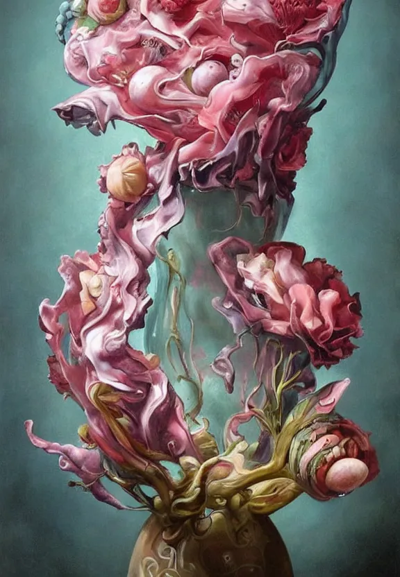 Prompt: a biomorphic painting of a vase with flowers and eyeballs in it, a surrealist painting by marco mazzoni, by dorothea tanning, pastel blues and pinks, lips, featured on artstation, metaphysical painting, oil on canvas, fluid acrylic pour art, airbrush art, seapunk, rococo, lovecraftian