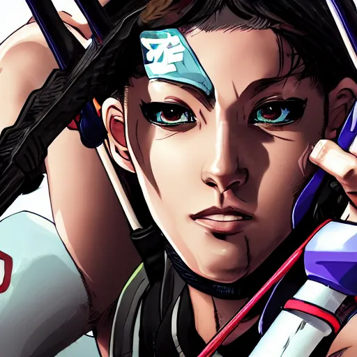Image similar to close up, attractive sports woman in archery, a grungy cyberpunk anime, highly detailed