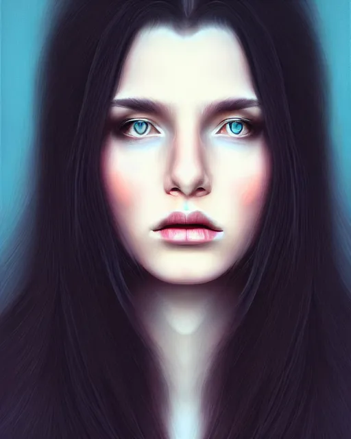 Image similar to portait of a woman with long dark hair, highly detailed, digital painting, cinematic, hyper realism, dark retrowave, art by Yoshitoshe ABe
