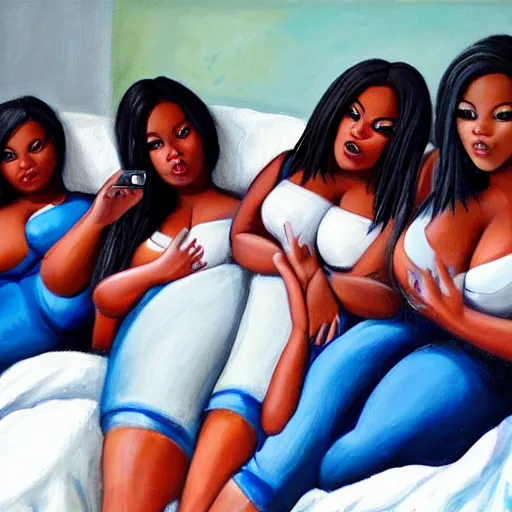 Image similar to photorealistic, stunning, coherent, beautiful painting, still of a group of black bbw models taking a picture of each other posing in the same bed , they are all laying down, one of them is on the phone with her boyfriend , 3d, in the style of pixar, smooth, 3d, highly detailed, highly detailed, sharp focus, bokeh, depth of field, 16k resolution, Unreal Engine 5, coherent, cinematic lighting, photorealistic