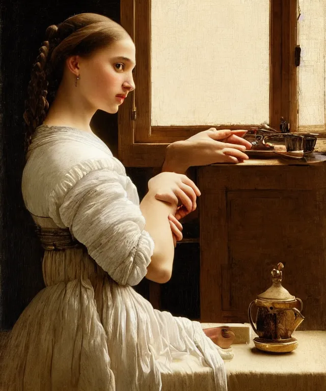 Prompt: a highly detailed, beautifully lit close portrait of a pretty, young alicia vikander resting her head on a table by an open window, oil painting portrait by vermeer and bouguereau and waterhouse