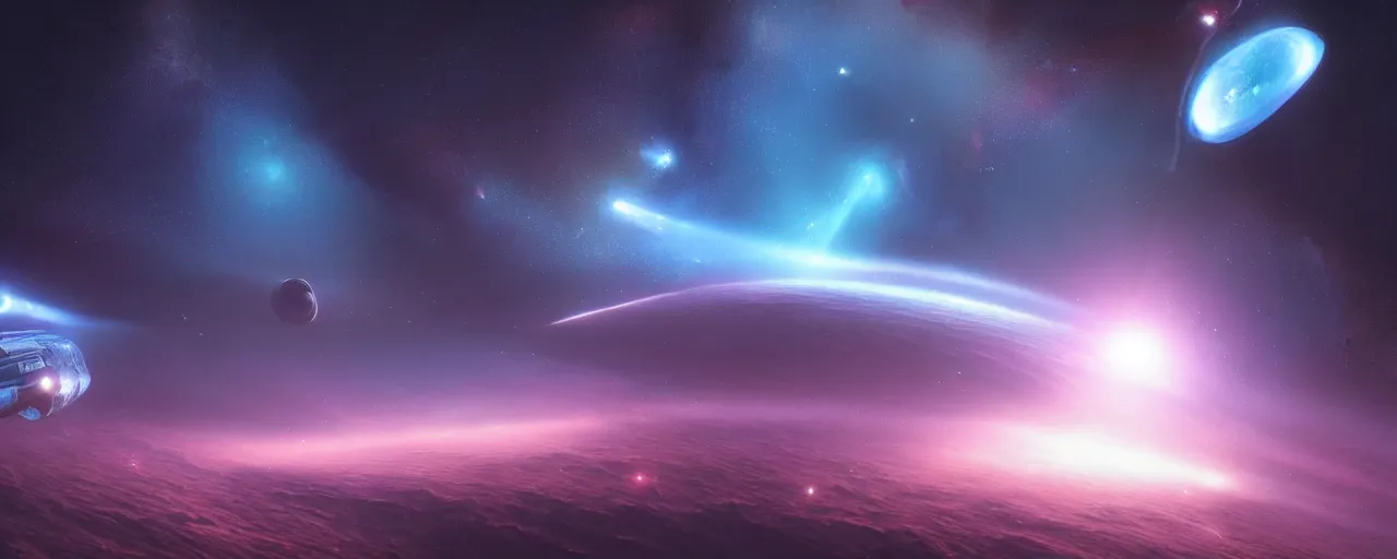 Prompt: cool smooth space colours, cinematic render of atmospheric deep space, asteroid belt, diffuse fog void, atmospheric perspective, volumetric lighting, cathrin machin, the expanse, john harris