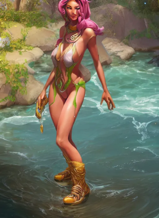 Image similar to qiyana, from league of legends, au naturel, bathing in the river, hyper detailed, digital art, trending in artstation, cinematic lighting, studio quality, smooth render, unreal engine 5 rendered, octane rendered, art style by klimt and nixeu and ian sprigger and wlop and krenz cushart