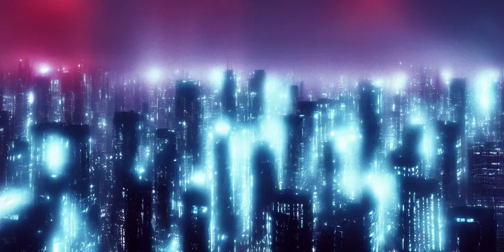 Image similar to megacity seen from above, neon signs, giant screens, eerie fog, blade runner, ex machina