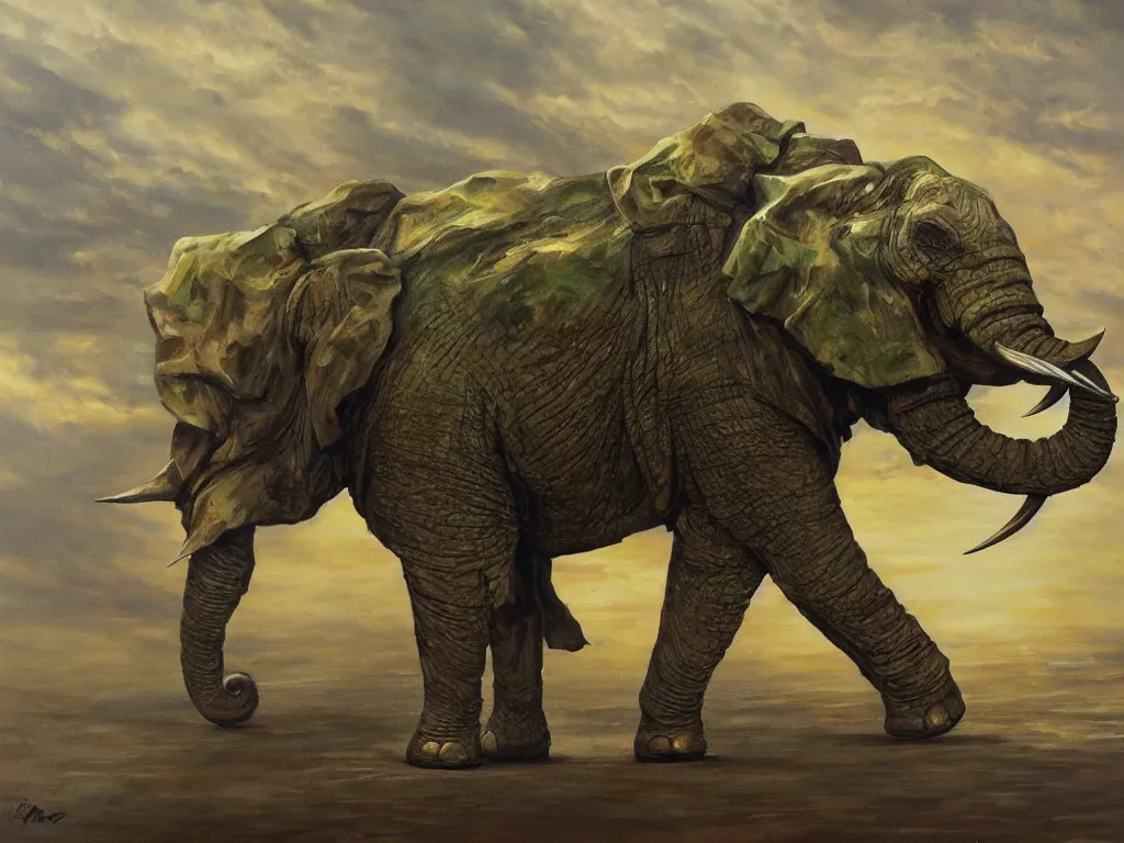 Prompt: a dramatic oil painting of an armored war elephant standing on its back feet. Original artwork from magic the gathering. Award winning, very detailed, dramatic lighting, green and brown color palette