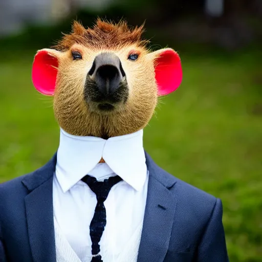 Image similar to capybara head, a man wearing a suit capybara head