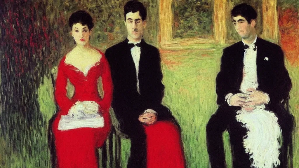 Image similar to “beautiful woman in red dress sitting with her handsome husband in a black suit, monet painting”