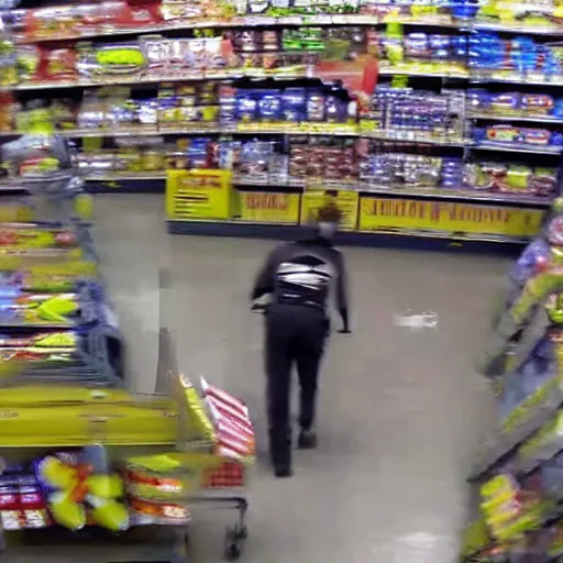 Image similar to cctv footage of gorilla in walmart, high angle security camera feed, blurry and glitchy,