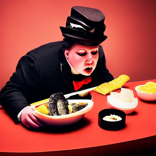 Image similar to wide - angle photo of augustus gloop eating body sushi, high focus, dramatic lighting, high detail, photo by david lachappelle 8 k