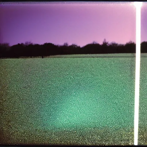 Image similar to a pastel coloured Polaroid photo of a minimalist sunbed made of transparent iridescent perspex stood in a field, beams of light, nostalgic